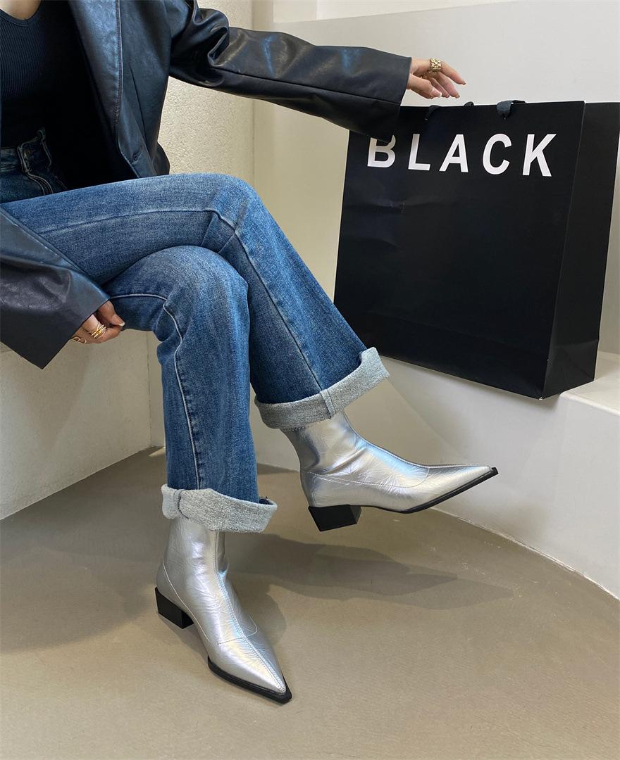 

Pointed temperament thin middle heel Martin boots 2025 autumn new thick heel retro sleeve fashion thin short boots women 40 срібний