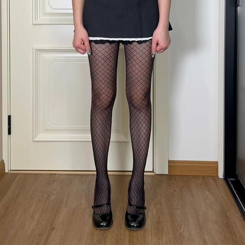 Womens Diamond Grid Pattern Sheer Fishnet Mesh Tights Vintage 90s Aesthetic Sexy See Through Thin Pantyhose Stockings
