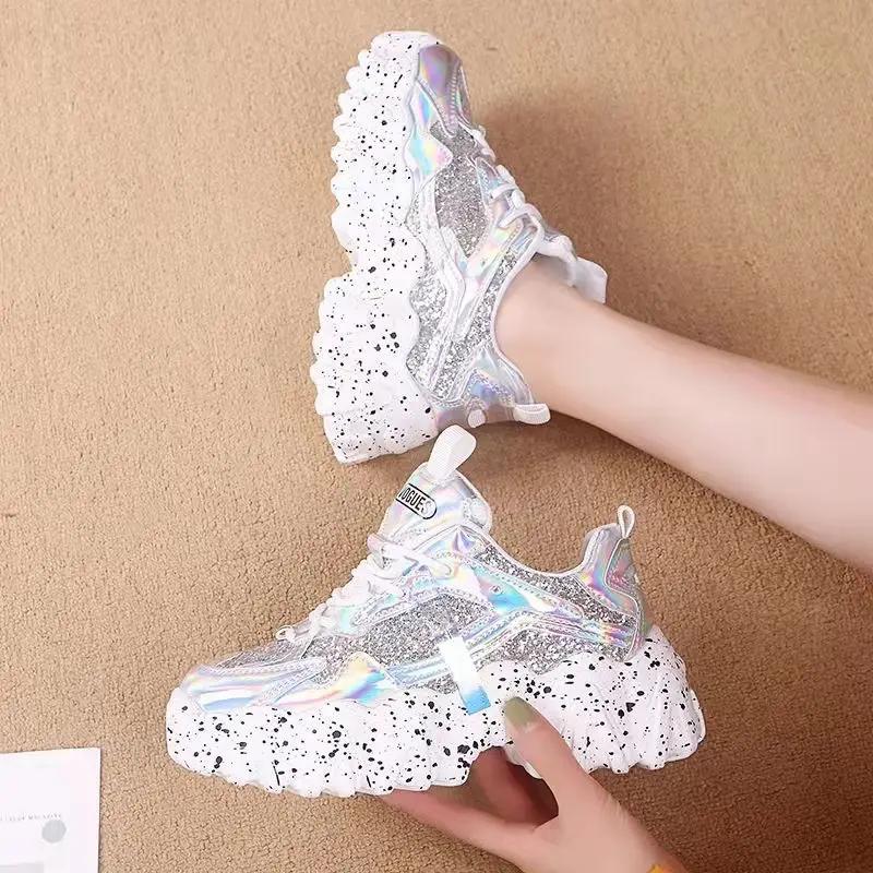 Fashion Women's Dad Shoes Diamond With Crystals High on Platform Rhinestone Y2k Fashion Ladies Footwear Stylish Daily Routine Offer A H