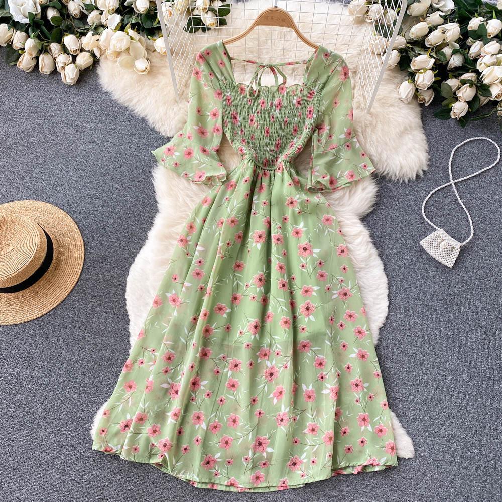 Tea Break French Vintage Dress Square Neck Flared Sleeve Tie Waist Women's Temperament Swing Long Dresses