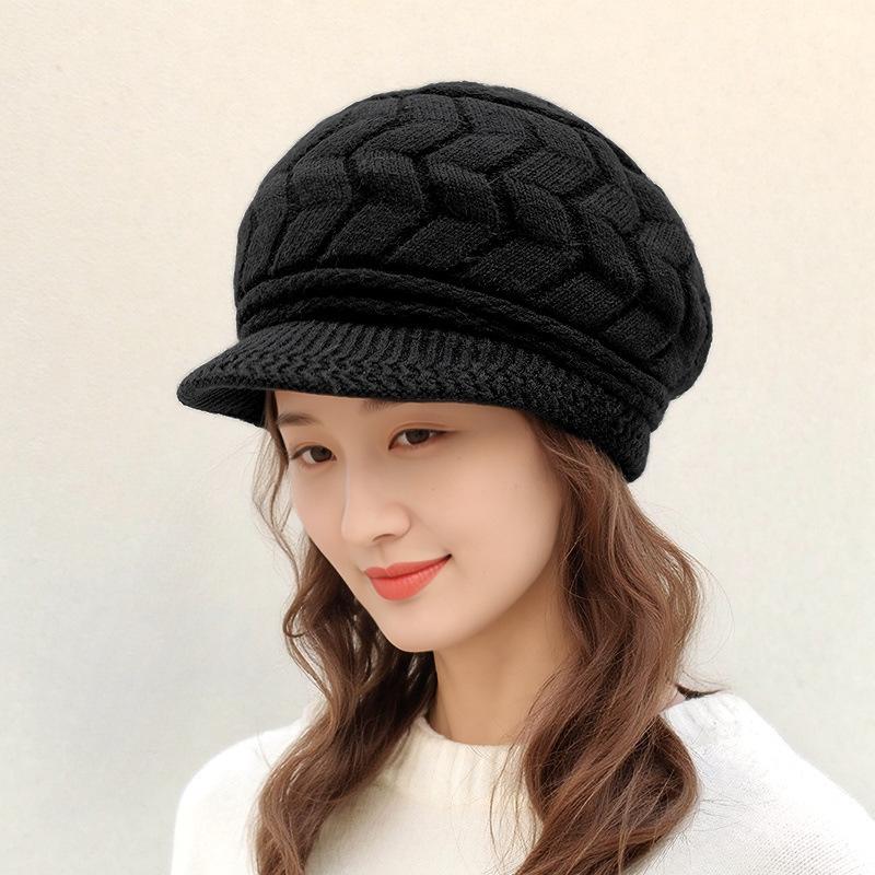 

Женский модный берет: Теплая вязаная шерстяная шапка для осени/зимы с толстым бархатным отворотом