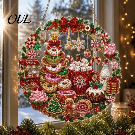 Handmade Christmas Home Decor Faux Diamond Art Ornament, DIY Santa Claus Sun Catcher Kit, Rhinestone Parent Child Interactive Crafts Xmas Wreath