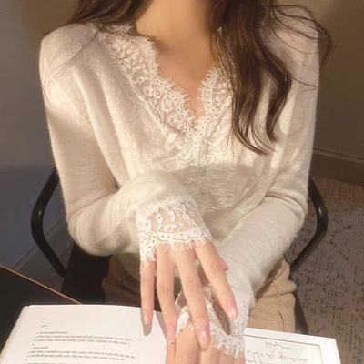 Spring 2025 Lace-Trimmed V-Neck Slim Knit Top for Women - Single-Breasted Sweater Shirt