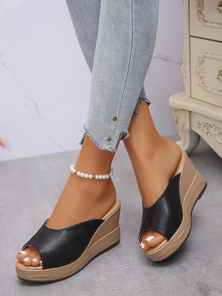 Außenhandel 2025 Koreanische Version Sommer Dicke Sohle Keilabsatz Fischmaul Große Größe Bequeme Ein-Wort-Sandalen Strand Freizeit