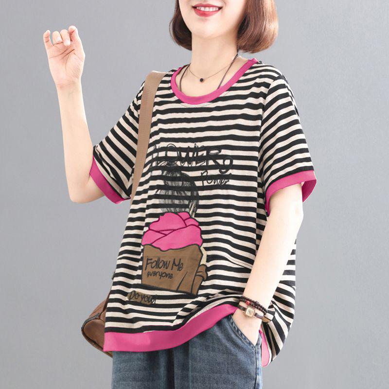 

Футболка женская летняя большого размера в полоску, мягкая, свободная, с принтом, повседневная, удобная, пуловер, футболка, топ XXXXL красный