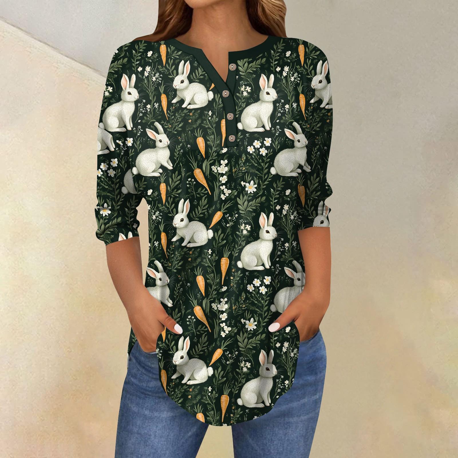 

Женский модный повседневный топ с рукавами 3/4 и принтом пасхального кролика и воротником на пуговицах S