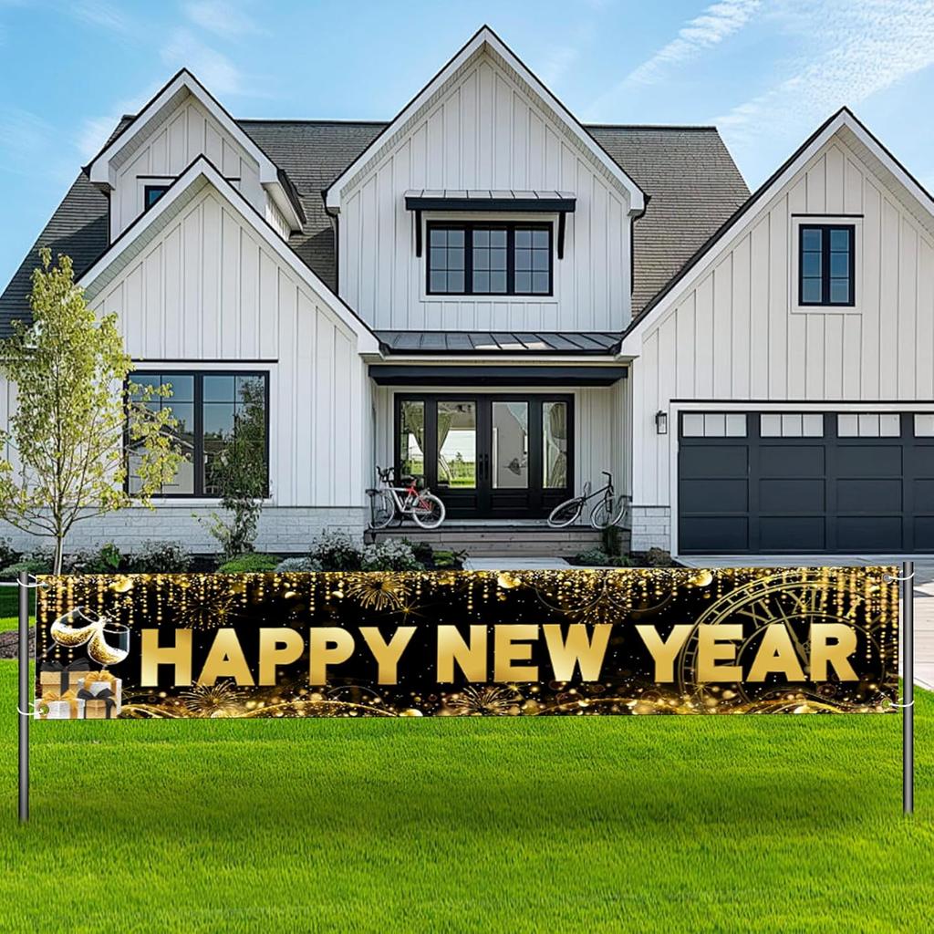 Happy New Year Banner, Large New Year Decorations Banner, 120x20 Inch New Year's Yard Sign Backdrop with Firework for Home 2026 Lunar New Years Eve