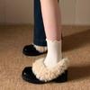 French medium heel square head fluffy shoes one pedal retro plush warm Mary Jane small leather shoes cotton shoes thick heel single shoes