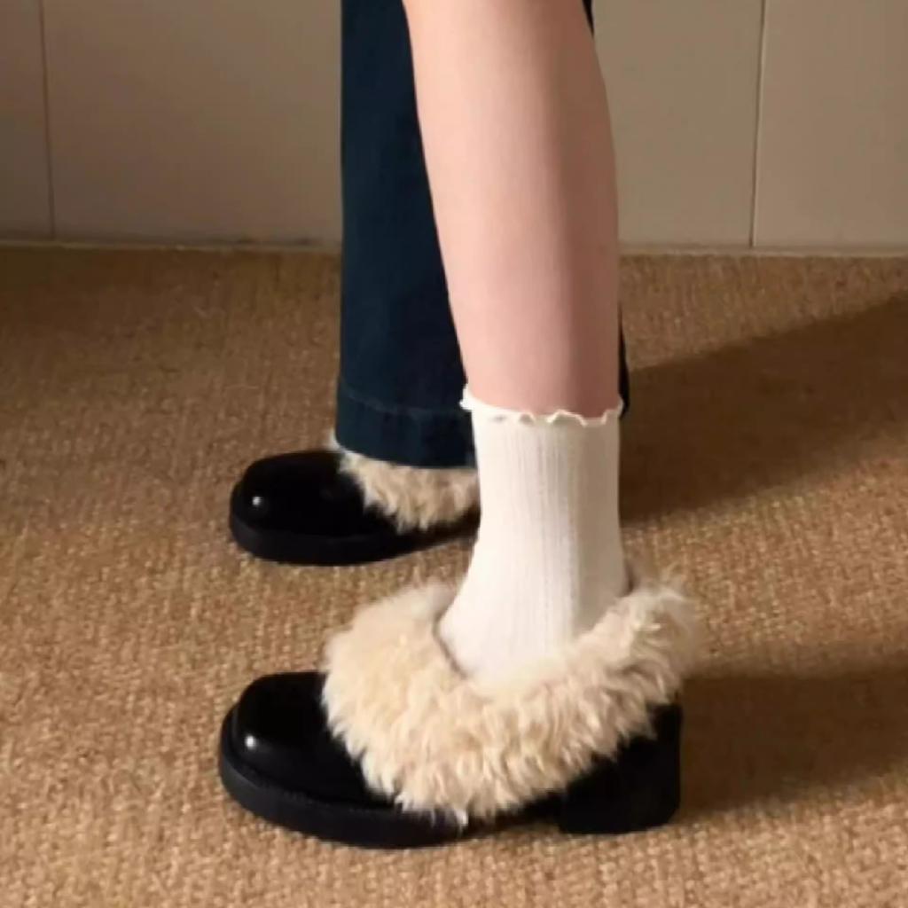 French medium heel square head fluffy shoes one pedal retro plush warm Mary Jane small leather shoes cotton shoes thick heel single shoes