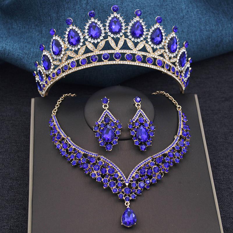 Wspaniałe Królewsko Niebieskie Kryształowe Zestawy Biżuterii Ślubnej Kolorowe Tiary Kolczyki Naszyjniki Zestaw dla Kobiet Suknia Ślubna Korona Zestaw Biżuterii