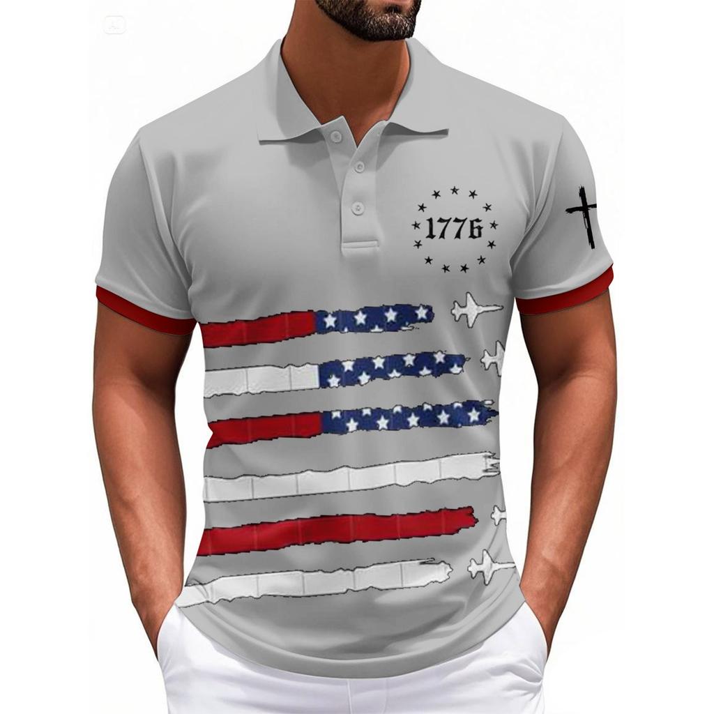 Fashionable Men's Casual Independence Day Printed Neck Short Sleeve Top