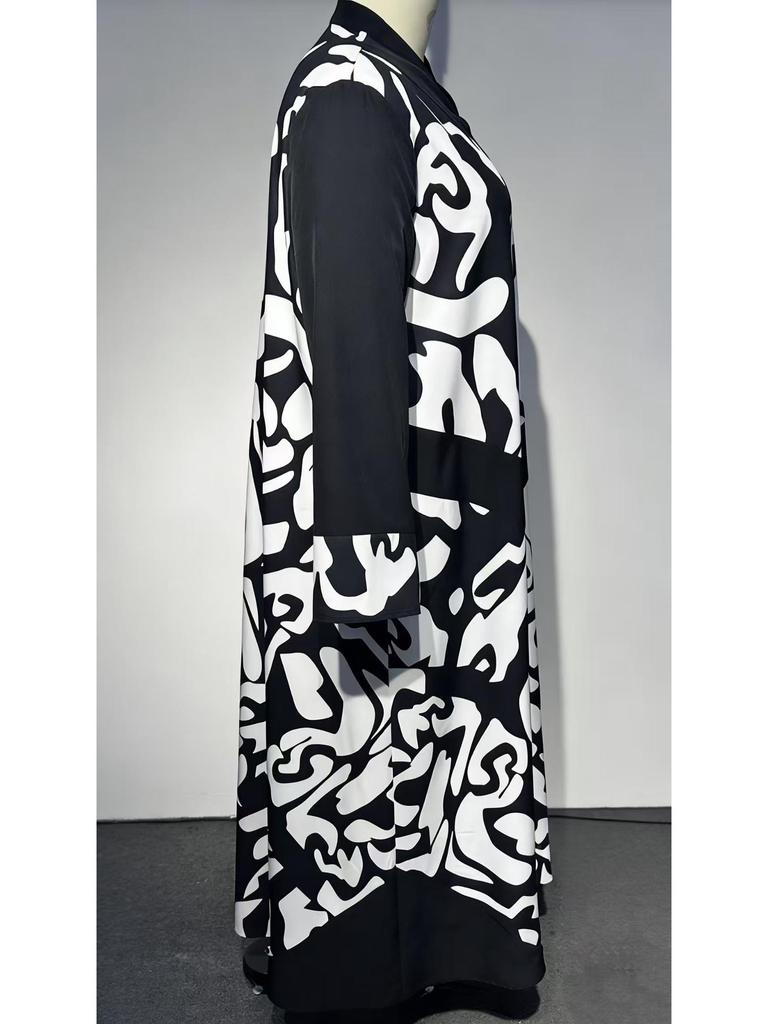 Plus Size Retro Abstract Art V-Neck Long Dress with Patchwork Sleeves