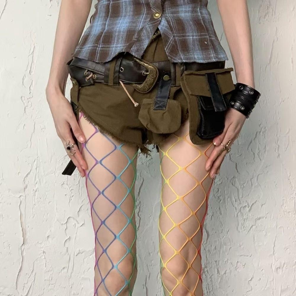 Dopamin Regenbogen Netzstrümpfe Grobmaschig Durchsichtige Strumpfhosen Sexy Netzstrümpfe Party