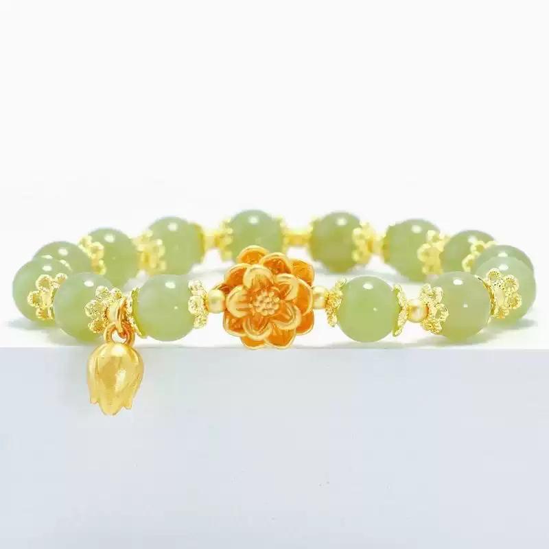Women Fashion Lucky Bracelet Imitation Hetian Jade Lotus Elegant Temperament Beaded Bracelet Jewelry Gift