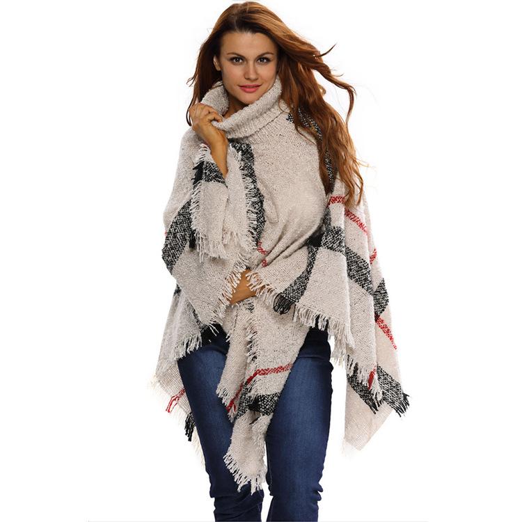 European & American Style Autumn/Winter Plaid Faux Cashmere High Collar Pullover Shawl 2025