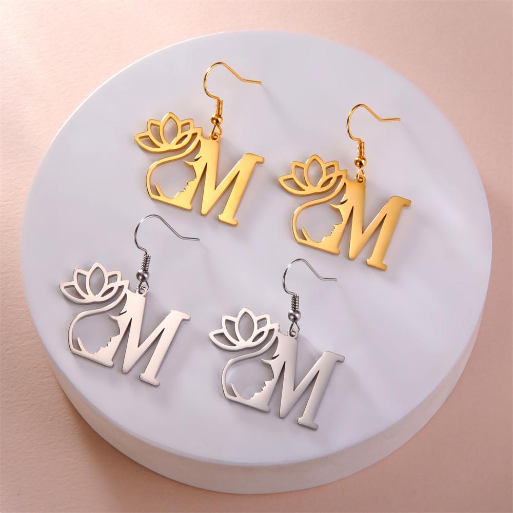 My Shape Beauty Flower Letter Drop Earrings for Women A-Z Alphabet Initials Lotus Stainless Steel Fashion Jewelry Kids Female