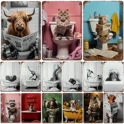 Lustige Tierposter Metall Blechschild Plakette Hund Affe Zeitungen lesen Dekorative Teller Für Toilette Badezimmer Wandkunst Dekor