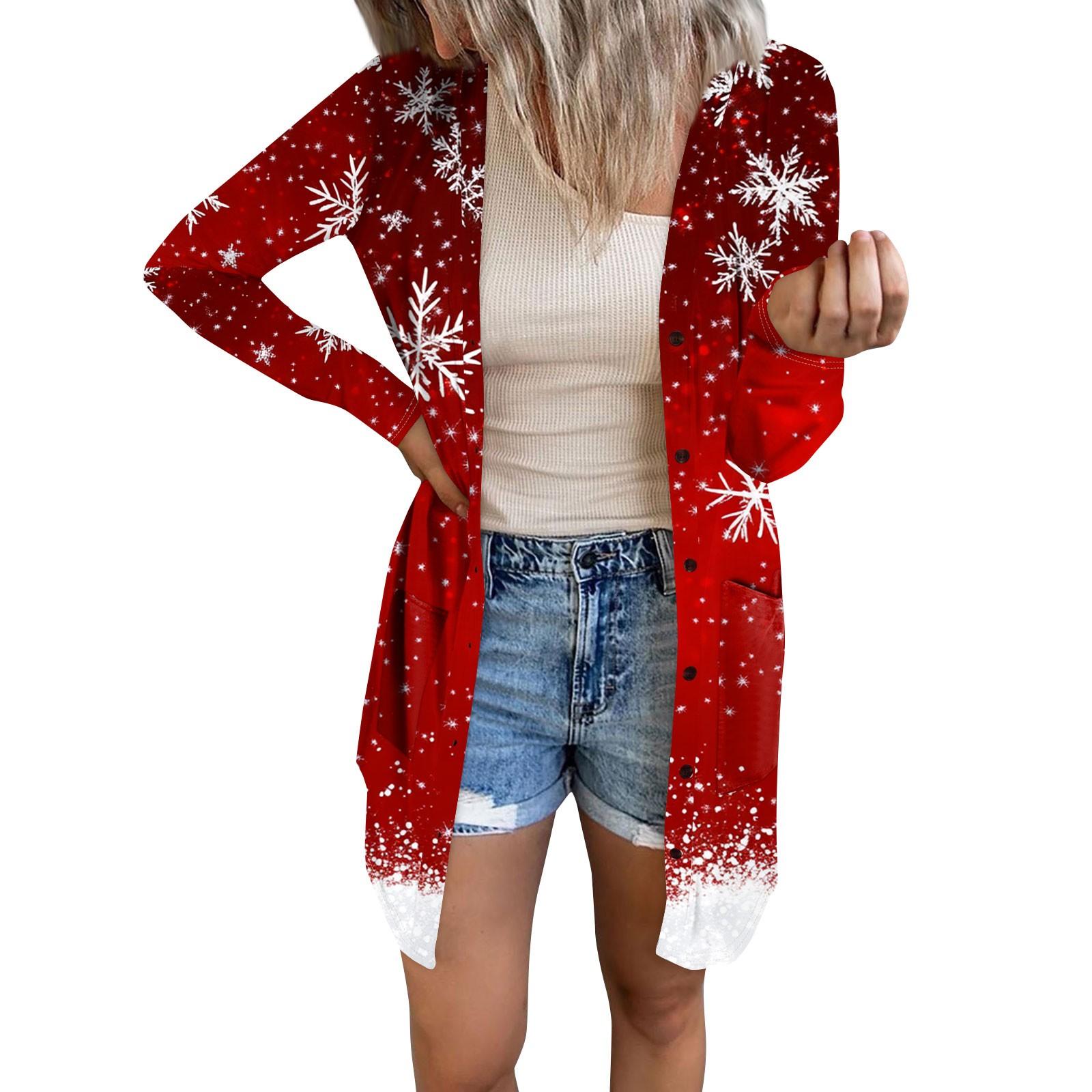 

Женский повседневный кардиган с длинным рукавом и рождественским принтом с карманами S киноварь