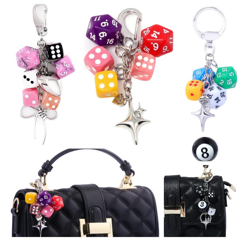 Hiphop Dice Billiards Keychain Y2K Black Dice No. 8 Starburst Pendant Bag Charms Hangings Punk Cool Ornament Accessories