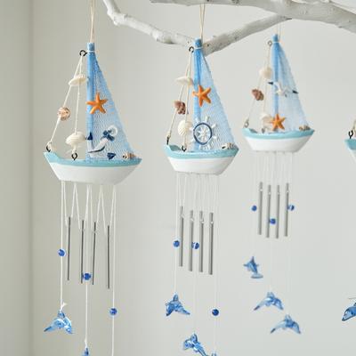 Mediterranean-style Creative Wind Chime Boat, Home Wooden Sailing Boat Decoration Model, Small Wooden Boat Hanging Decoration