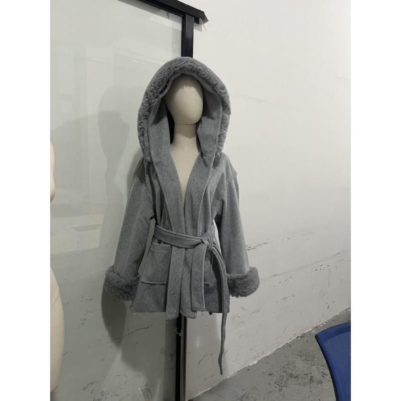 Womens Winter Hooded Wrap Coat Short Wool Blend Oversized Outerwear In Gray Khaki