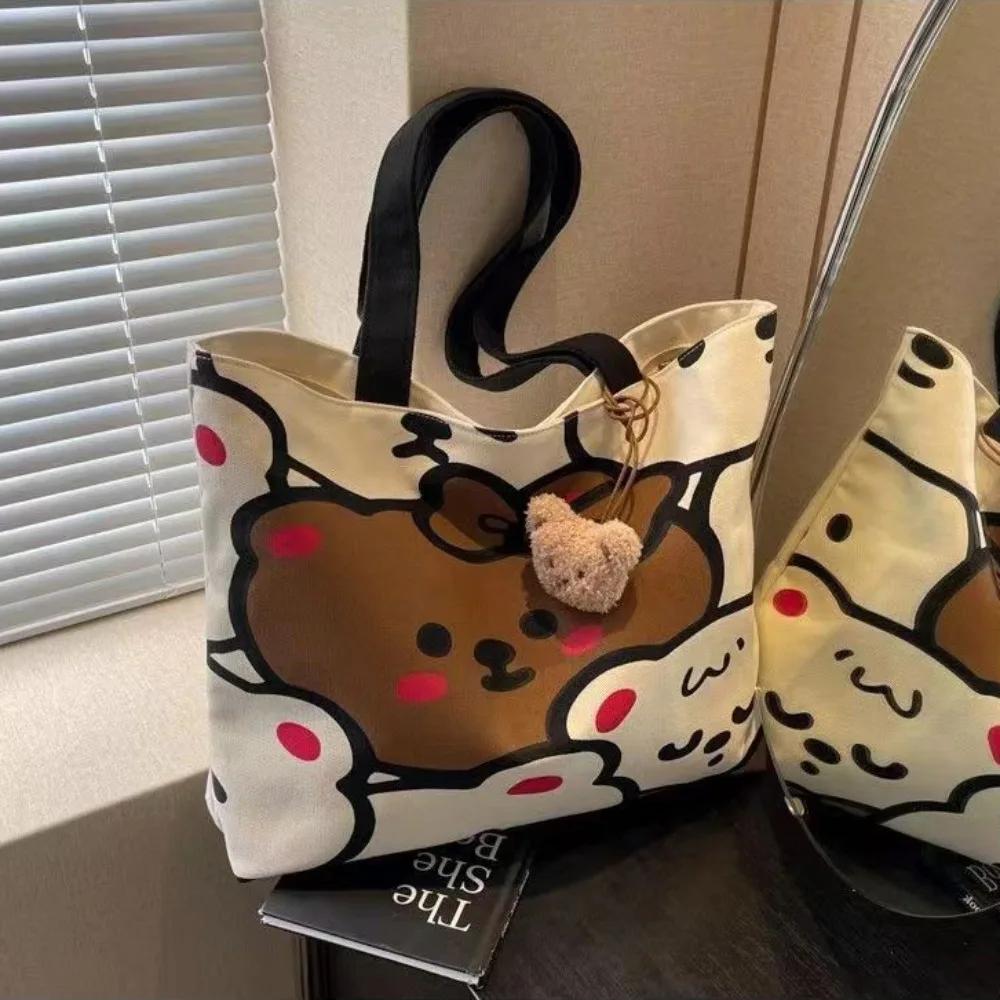 Cartoon Bear Canvas Shoulder Bag Handbag Large Capacity Tote School Bag Tutoring Bag Casual Commuting Bag Underarm Bag