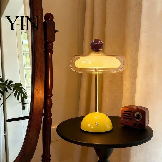 Adjustable Brightness Office Light Retro Glass Mushroom Table Lamp, USB Rechargeable Touch Control Bedside Modern Aesthetic Room Lamp 3 Colors