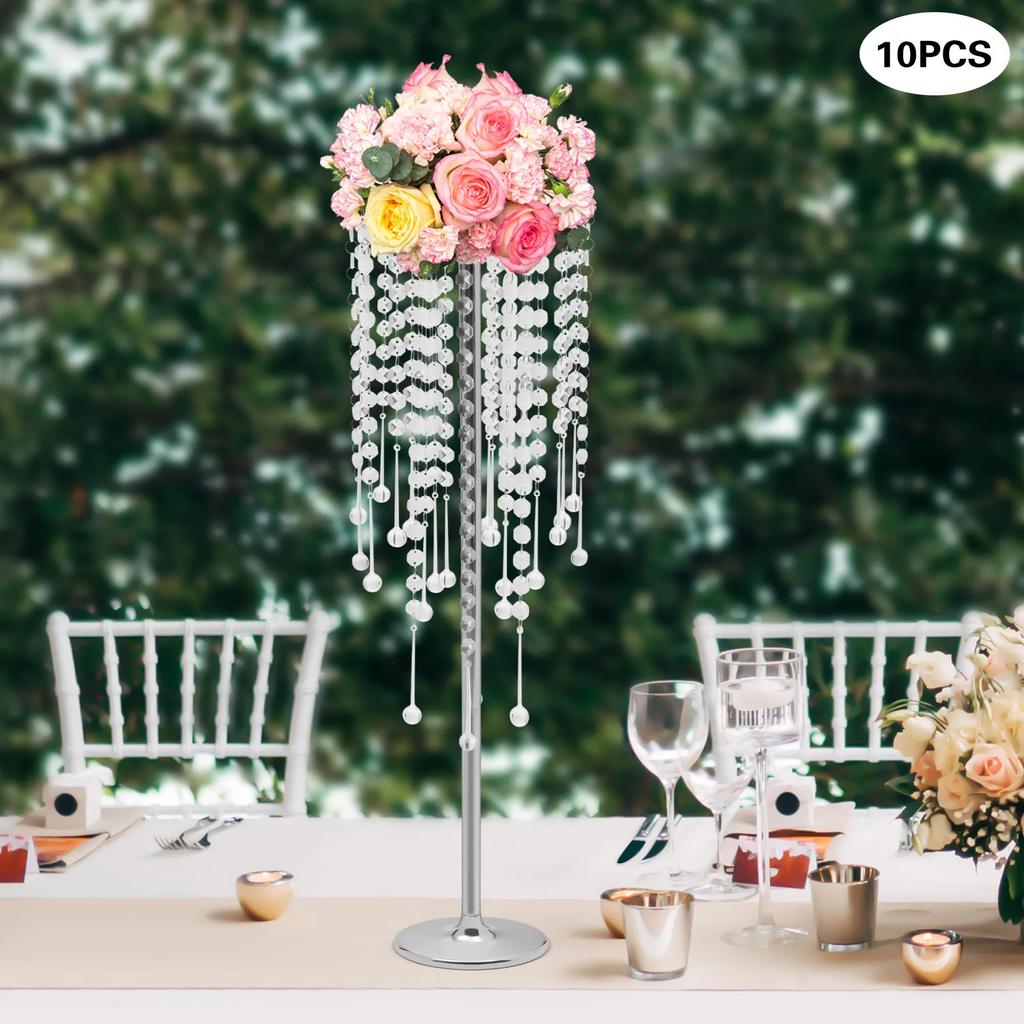 10 Pieces Elegant Silver Crystal Flower Stands for Wedding Centerpieces - Tall 75cm (29.5in) Acrylic & Iron Home Table Decor