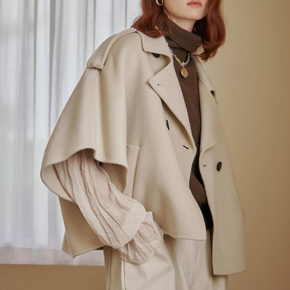 Maxza Double Breasted Handmade Wool Cape Coat Zd12hc013nh blacks/FREE