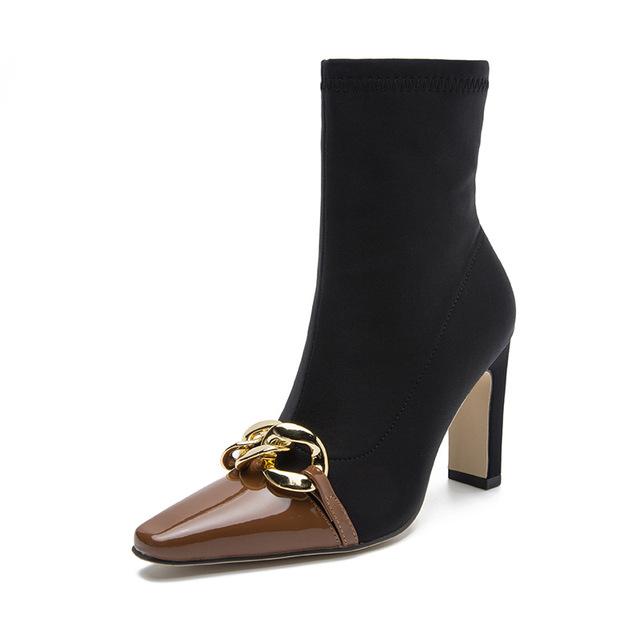 

Высокие каблуки и ботильоны женские сапоги с острым носком модные удобные эластичные тканевые женские элегантные сапоги для вечеринок с металлом 40 коричневый