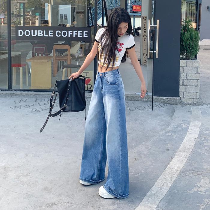 

Женские весенние прямые брюки Женские весенние с высокой талией Свободные бедра, чтобы они выглядели стройнее Широкие джинсы Женские весенние XL