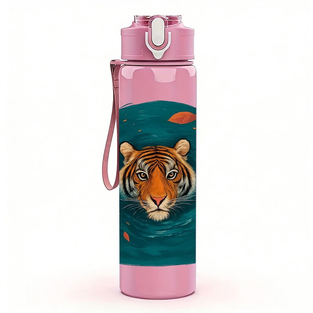 1PC Tiger Head Ethnic Pattern Print 750ml Color Plastic Sports Water Bottle Leakproof Flip Straw Lid Suitable for Sports Office Home Use
