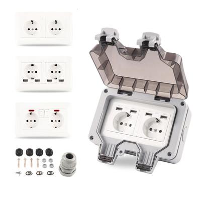 IP66 EU German Standard Doublle Power Switch Socket with USB &Light Outdoor Waterproof Dustproof Wall Switch Socket for Home