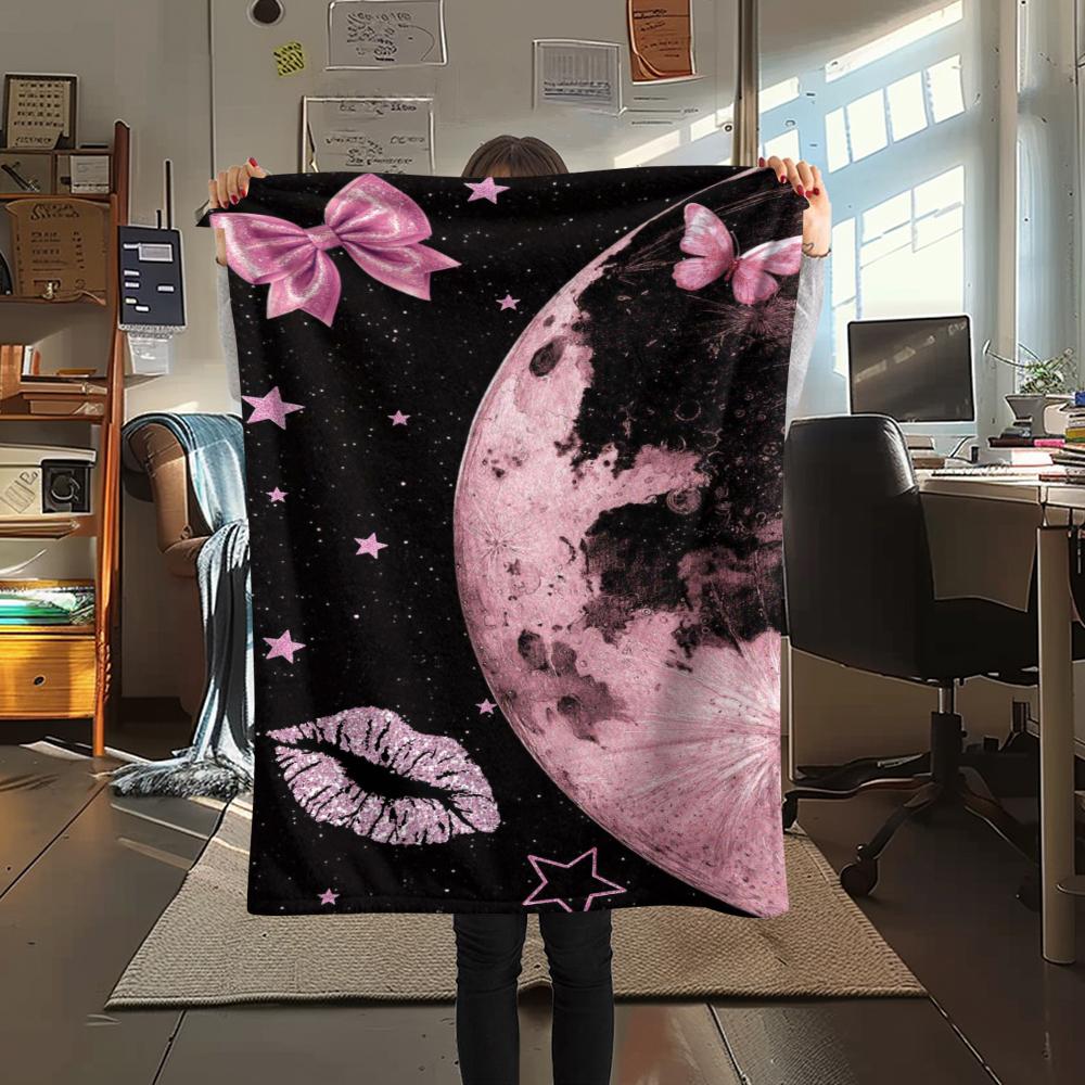 1Pc Pink Bow Butterfly Print Flannel Blanket, High Quality Comfortable for All Seasons, Home Decor, Warmth and Comfort, Perfect for Gifts