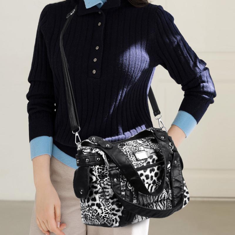 Women's Large Capacity Soft Leather Handbag, Vintage Leopard Print Shoulder Crossbody Bag, Multi-pocket Casual Tote Bag for Daily Commute Fashion