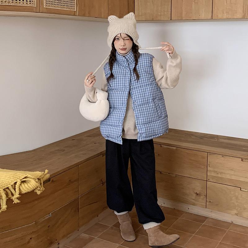 Autumn and winter women's short cotton vest stand-up collar loose literary small fresh blue plaid retro cotton vest jacket