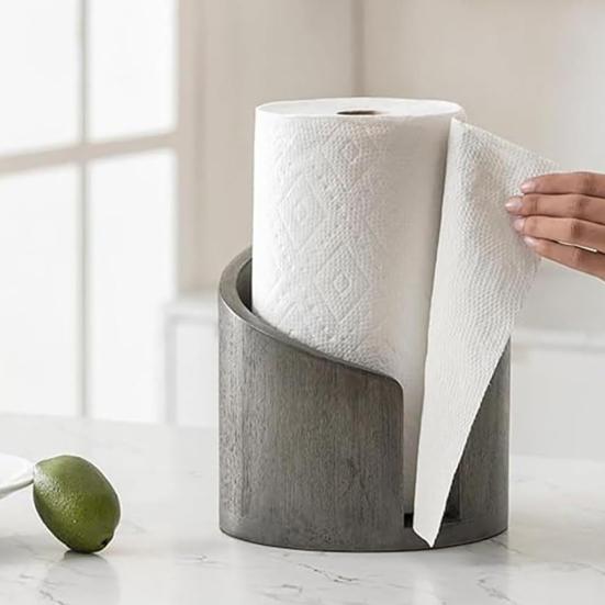 Mountain Paper Towel Holder Countertop with Wood Round Base And Iron Holder One-Hand Tearing Wood Paper Towel Holder for Kitchen Dining Room