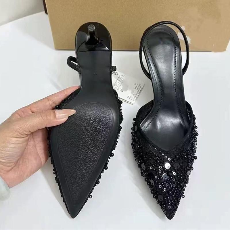 Bling Bling Pearls Sequined Air Mesh Women Pumps Sandals Elegant Thin High heels Female Slingbacks Party Modern Shoes