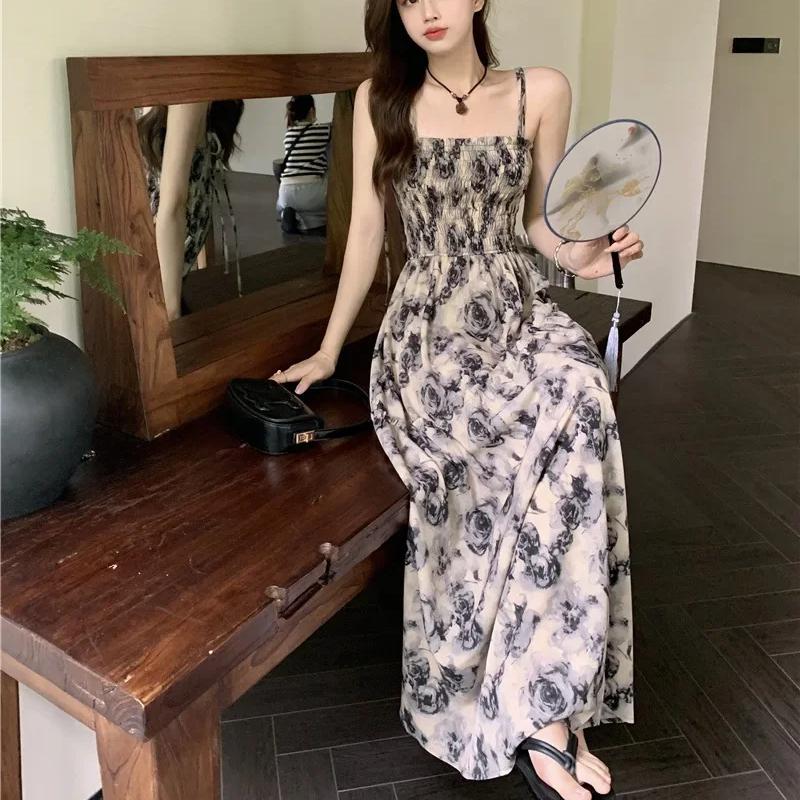 French Rose Print Lace Dress for Women Summer Autumn New Design Sense High Waist Wrapped Chic Strap Long Dresses