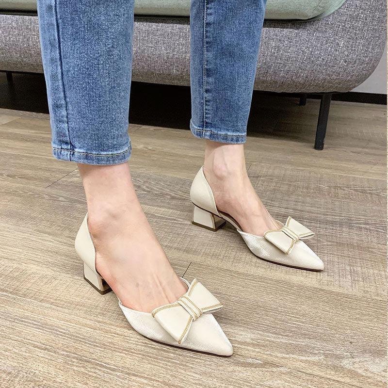 New women's shoes pointed high heels medium heel thick heel fashion bag head hollow sandals women
