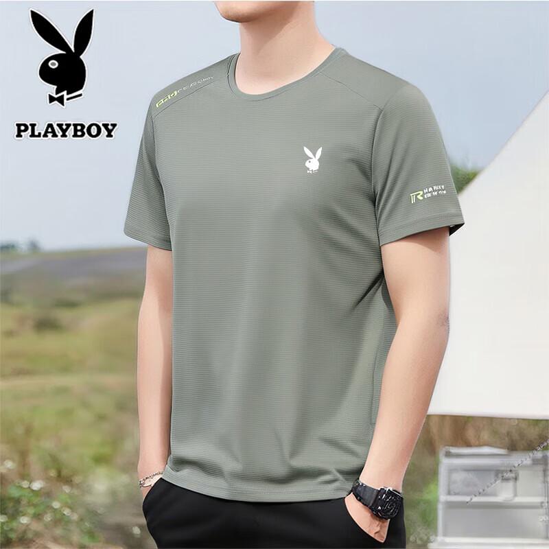PLAYBOY Men s Summer Ice Silk Quick-Dry Round Neck T-Shirt L