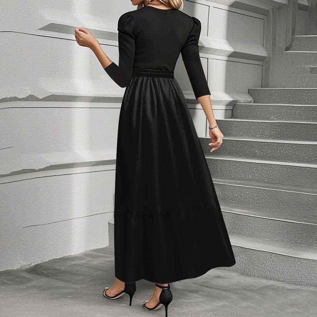 Women's Fashion Casual Belt Round Neck Solid Color Splicing Elegant Temperament Three-quarter Sleeve Dress