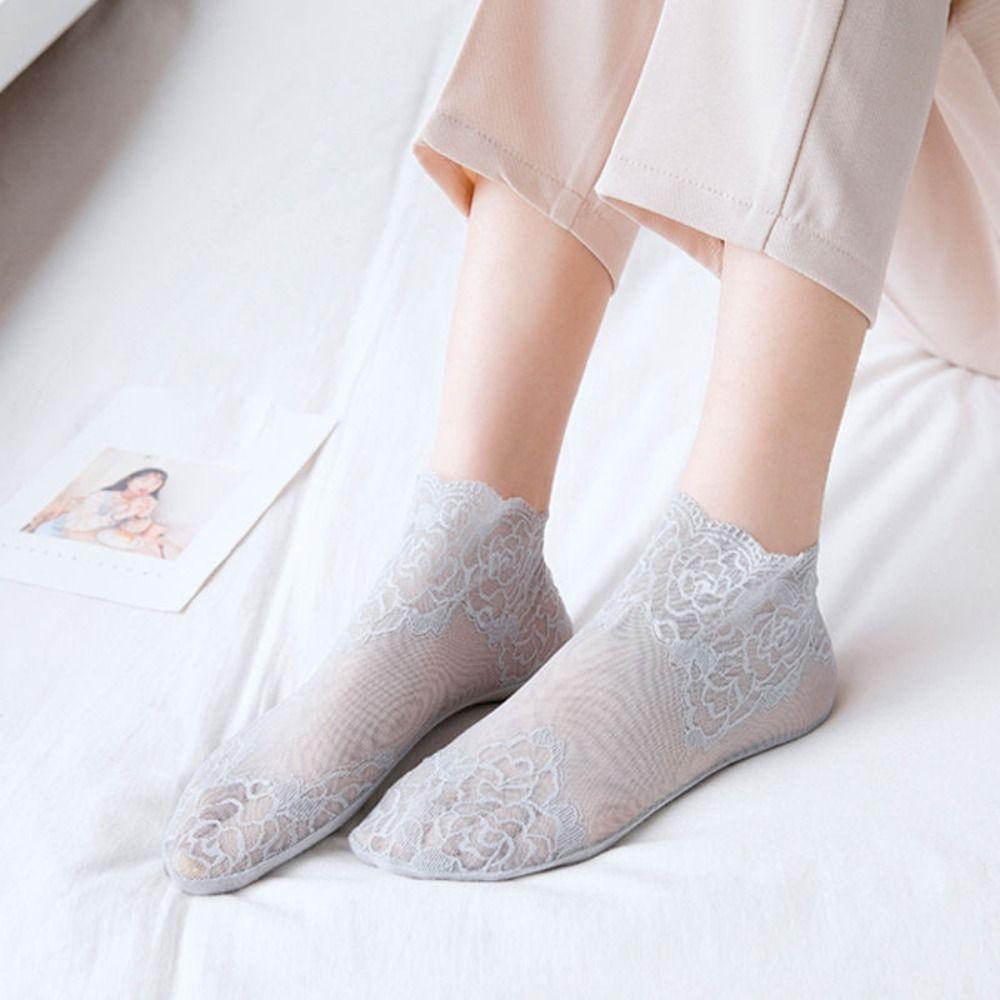 5Pairs Flower Transparent Tulle Socks Thin Tube Socks Women Korean Ins Mesh Lace Socks  Girl