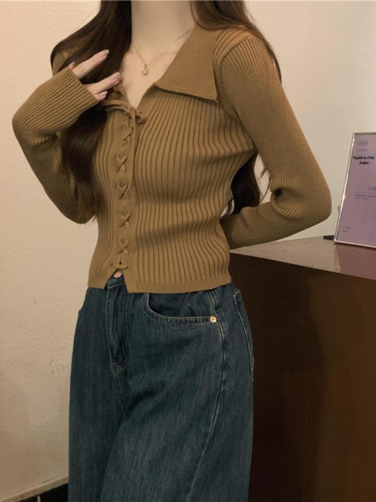 Polo Collar Long Sleeve Knitted Slim Petite Sweater for Women - Early Autumn Collection