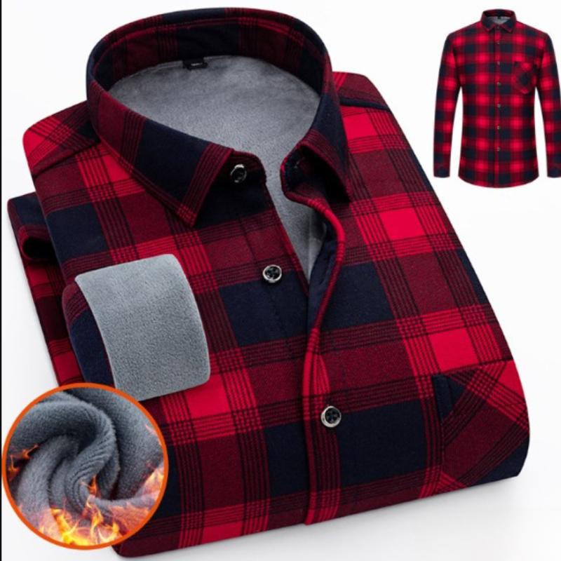 Autumn and Winter Thickened Men's Plaid Long-sleeved Warm Turn-down Collar Button Shirt Classic