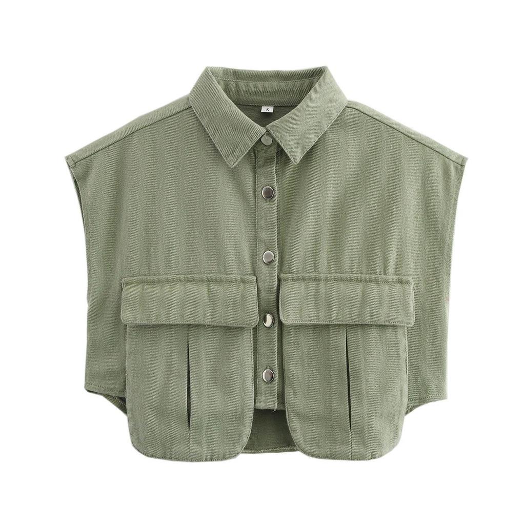 Women's Patchwork Irregular Polo Collar Denim Cardigan Top