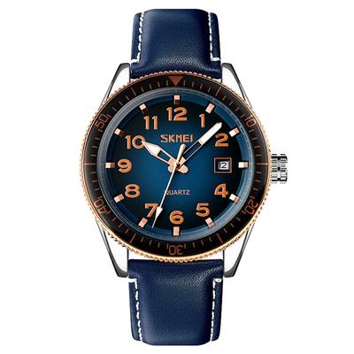 SKMEI Watch with Blue Leather Big Simple Luminous Arabic Date Luxury Watch for Gift Men's Strap, Face, Design, Waterproof, Analog, Display, Numerals,