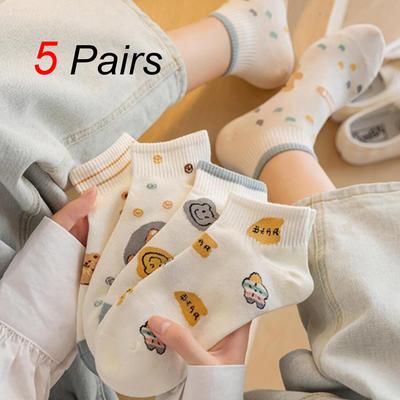 5 Pairs Women Cartoon Bear Pattern Ankle Socks Fashionable Cute Girl Socks Soft Comfortable Lightweight Breathable Casual Socks