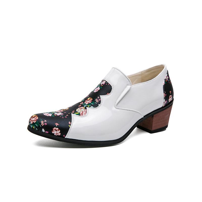 Men's Ethnic Style Autumn Floral Leather Shoes - Pointed Toe, Increased Height, Large Size, Formal & Casual, European & American Design.