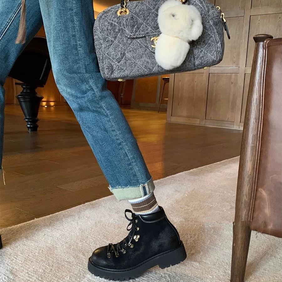 Leather frosted British style retro round head thick heel high-top Martin boots women's boots thick-soled versatile front lace-up small short boots